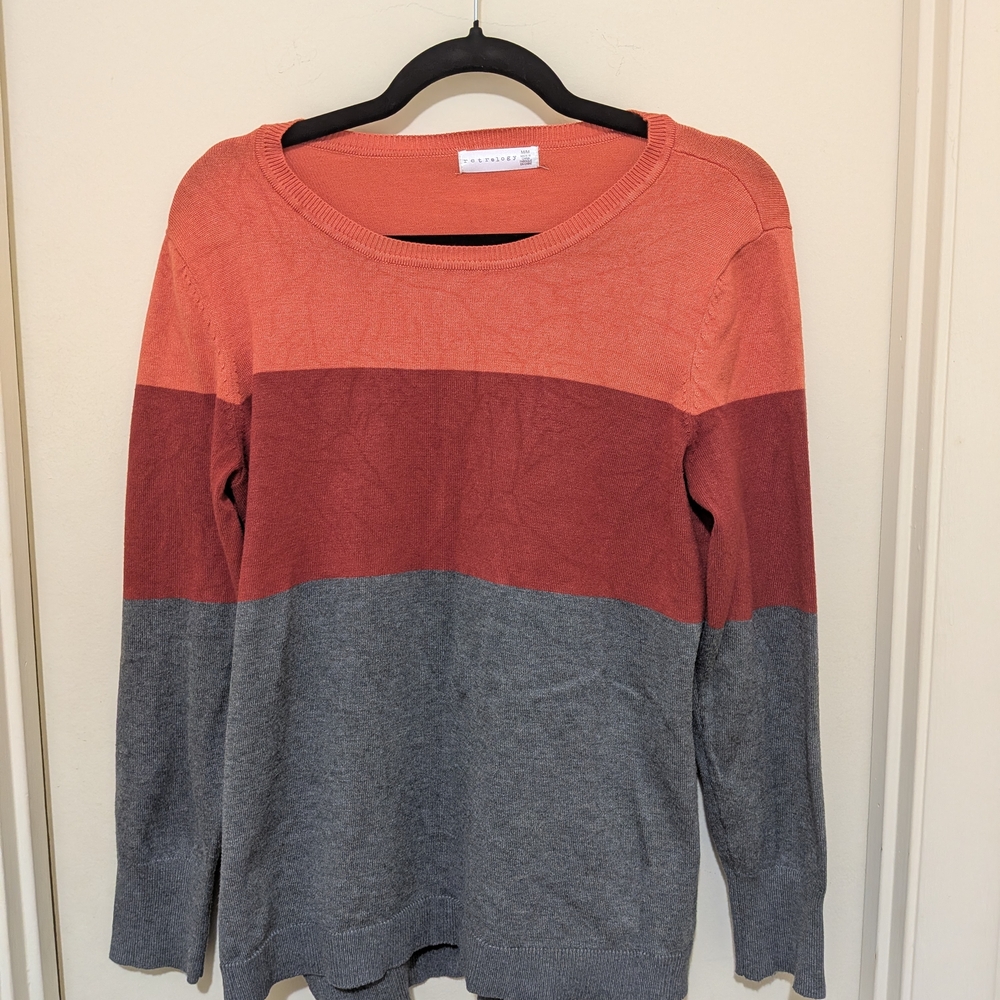 Retrology Colorblock Lightweight Knit Sweater Medium Coral Rust Gray